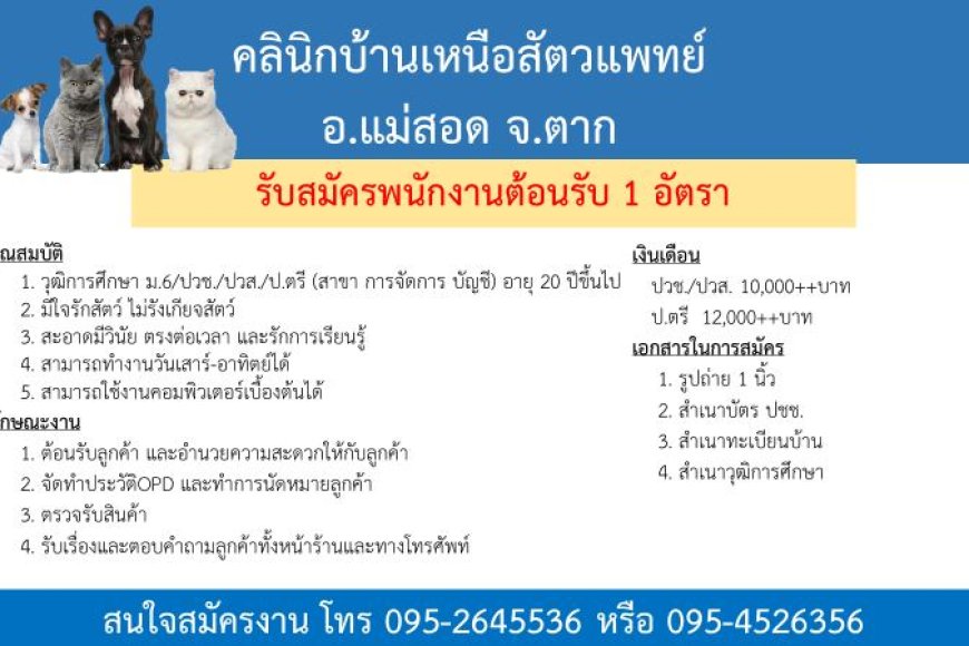 คลินิกบ้านเหนือสัตวแพทย์ รับสมัครพนักงานต้องรับ 1 อัตรา