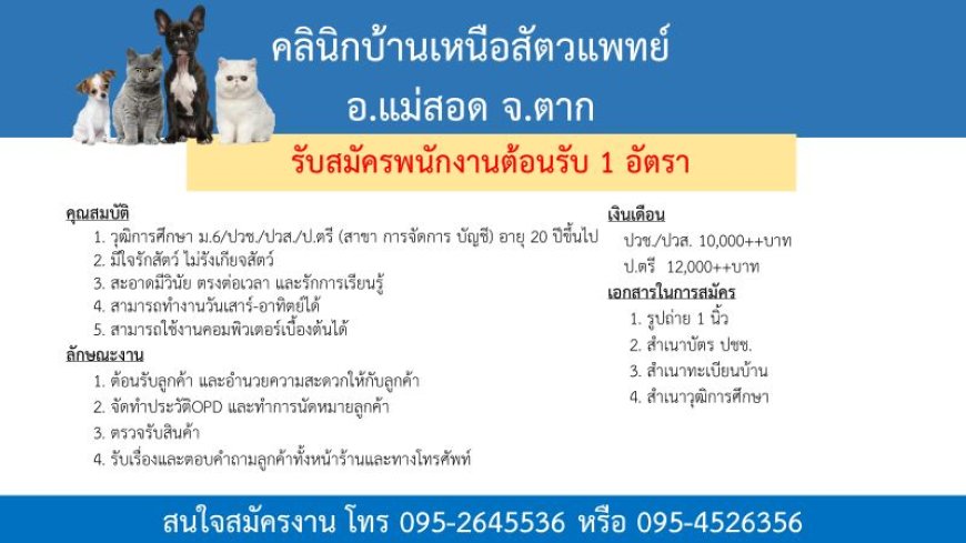 คลินิกบ้านเหนือสัตวแพทย์ รับสมัครพนักงานต้องรับ 1 อัตรา