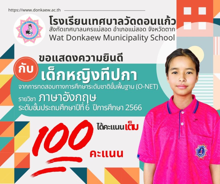 นักเรียนระดับชั้นประถมศึกษาปีที่ 6 ปีการศึกษา 2566 สอบ  (O-NET) ได้คะแนนเต็ม 100 คะแนน