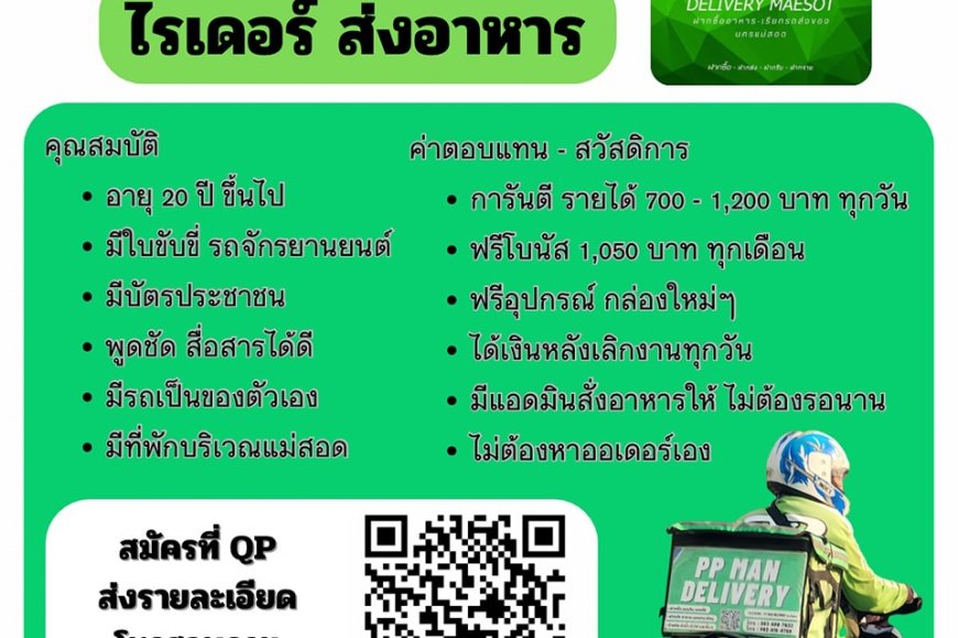 รับสมัครไรเดอร์ พีพีแมน เดลิเวอรี่ แม่สอด