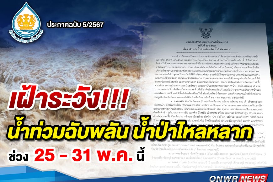 ประกาศแจ้งเตือนให้เฝ้าระวังน้ำท่วมฉับพลันน้ำป่าไหลหลาก