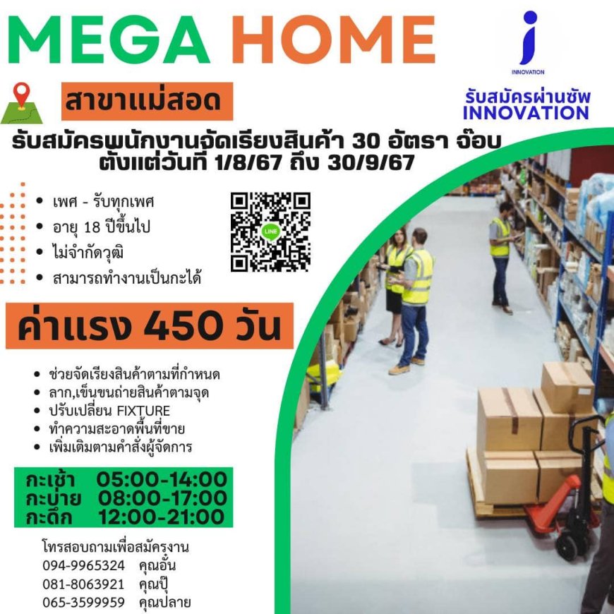 รับสมัครพนักงานจัดเรียงสินค้า MEGA HOME สาขาแม่สอด