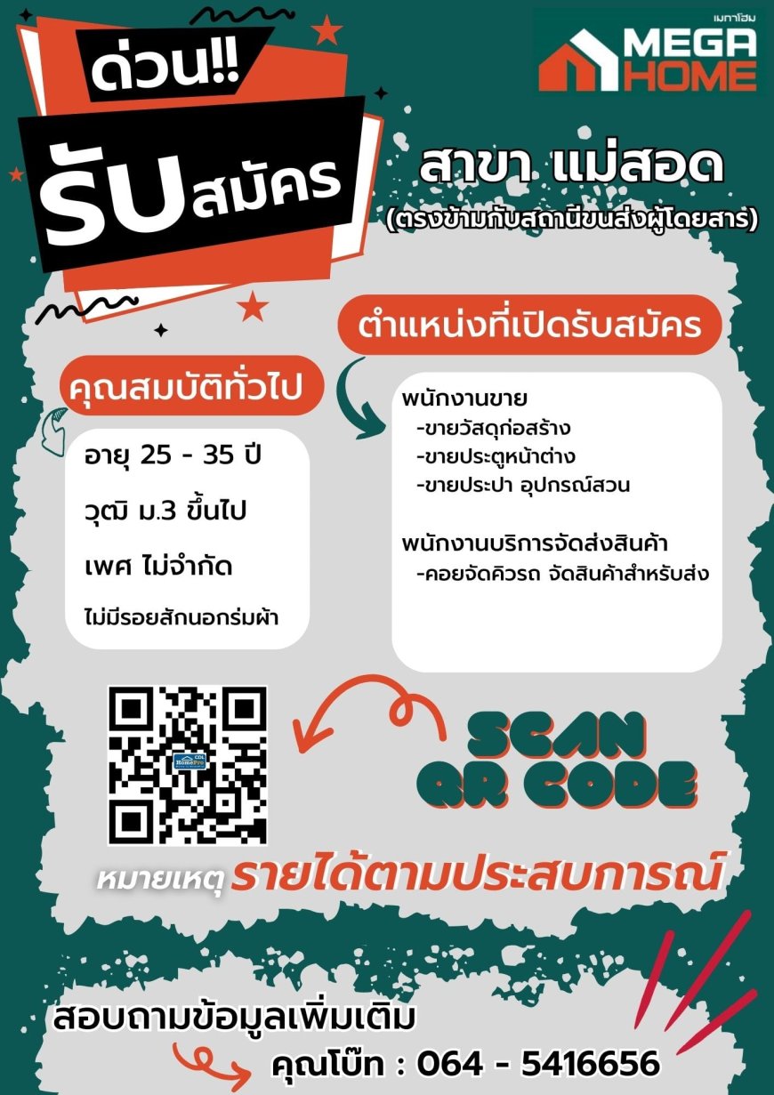 ด่วน รับสมัครพนักงาน เมกาโฮม สาขา แม่สอด