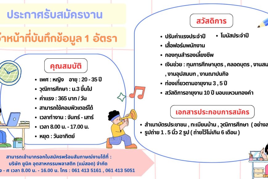 บ.ยูนิคอุตสาหกรรมพลาสติก รับสมัคร จนท.บันทึกข้อมูล 1 อัตรา