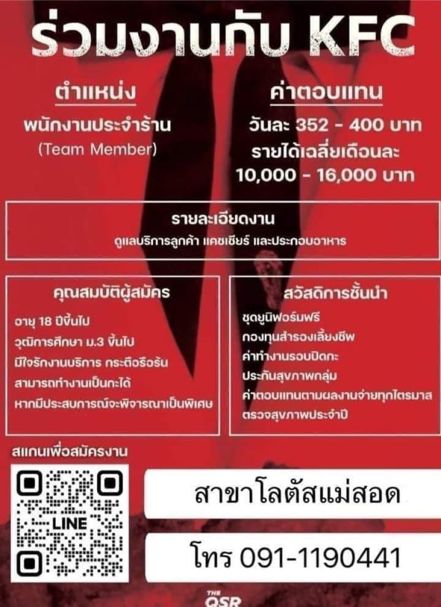 รับสมัครงาน KFC โลตัสแม่สอด พนักงานประจำร้าน เพศชาย