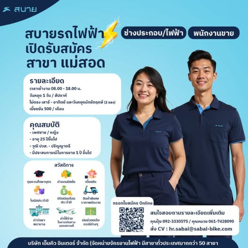 ประกาศรับสมัครงาน พนักงาน สาขาแม่สอด (สบายรถไฟฟ้า)