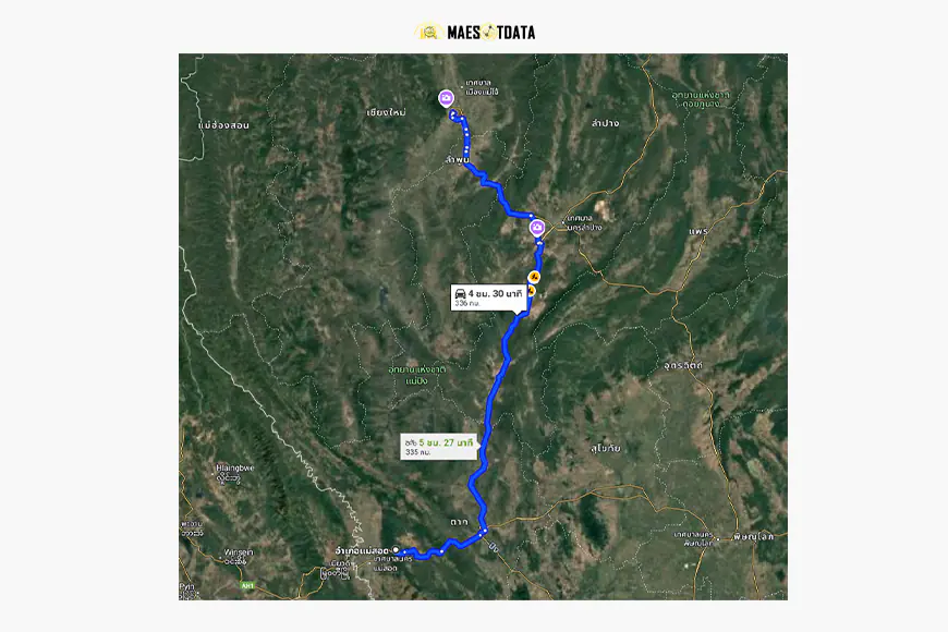 แผนที่การเดินทาง แม่สอด - เชียงใหม่ จาก google map