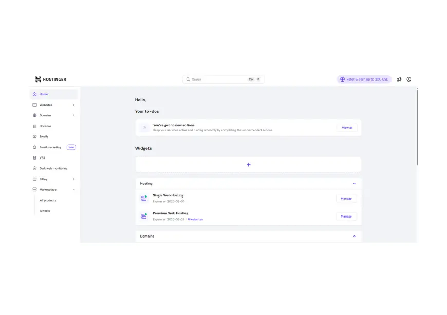 หน้าจอแผงควบคุม hPanel ของ Hostinger ใช้งานง่ายสำหรับผู้เริ่มต้น